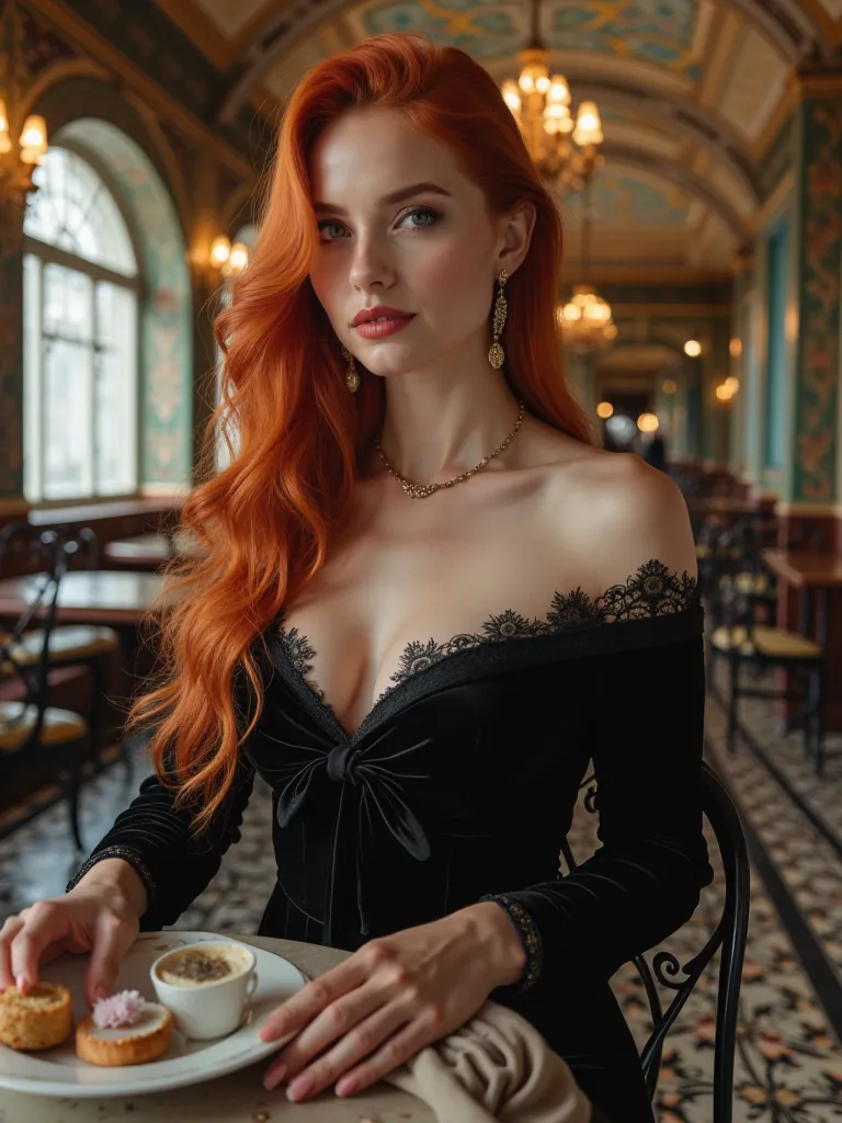 Belarussian Women long Red hair curvy Figure formal long sleaves shoulderless Black velvet dress sitting in the refreshment room of a french Vintage railway station having light refreshments 