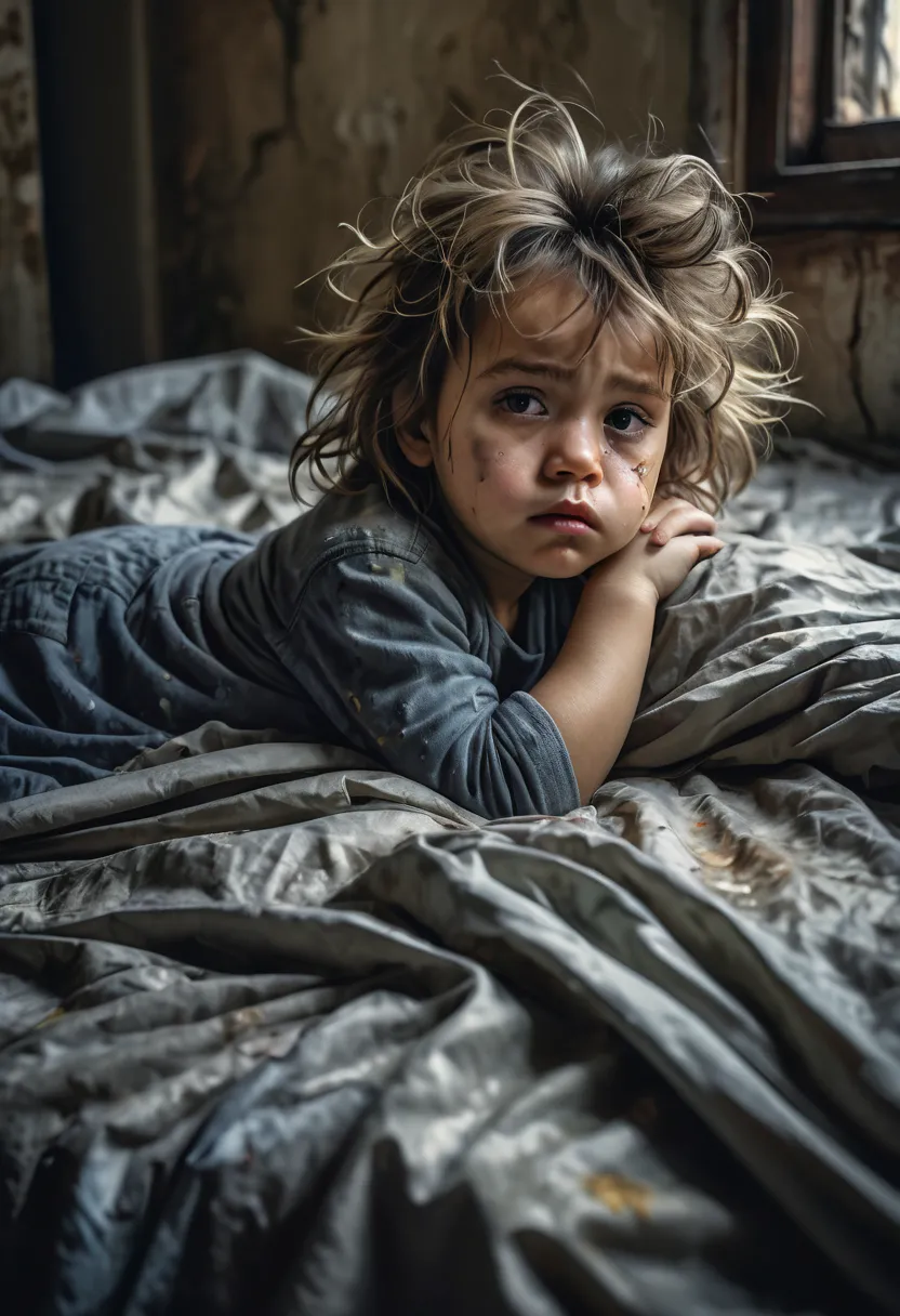 a neglected toddler laying on a bed, detailed portrait, sad expression, messy hair, dirty clothes, tear-stained face, crumpled sheets, dim lighting, gloomy atmosphere, abandoned room, photorealistic, high-resolution, 8K, professional portrait, oil painting...