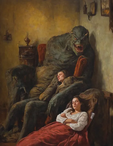 Realistic oil art,old painting,mulher sleeping com uma cadeira em frente e um monstro sentado na cadeira,old painting mulher sentada,finished color,strange,unrealistic,Pretty young lady,terror,Monster watching the girl,Young woman in bed,A monster in the c...