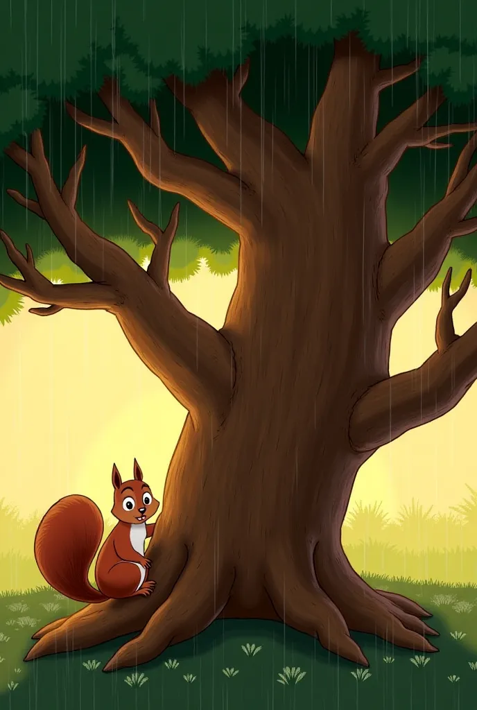 The Safe Tree: Picture a large, sturdy tree with thick branches and lush green leaves. The rain has slowed, and the sun begins to peek through the clouds, casting a warm, golden light. Chirpy and the baby squirrel sit on a safe branch, their fur and feathe...