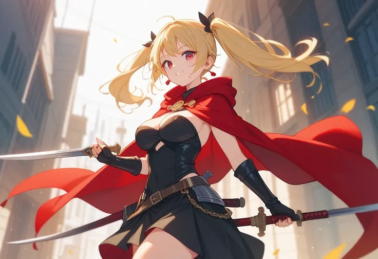 blonde hair, twintails,  eye color is brown、black clothes、knight、Light clothing、skirt、slightly larger breasts、 holding a longsword、red cloak、street