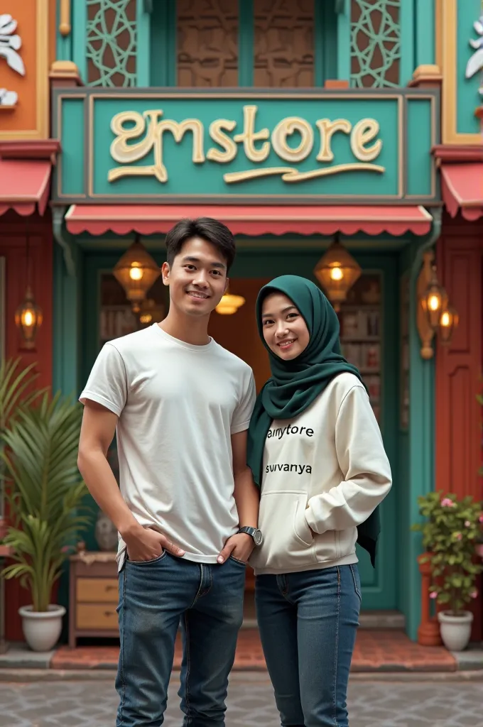 A photo of a man and a woman standing in front of 3 shophouses. The shop on the right has the sign 'GMstore,' the shop in the middle has the sign 'SVARNA,' and the shop on the left has the sign 'Sinar Jaya.' The man is wearing a white shirt and dark blue j...