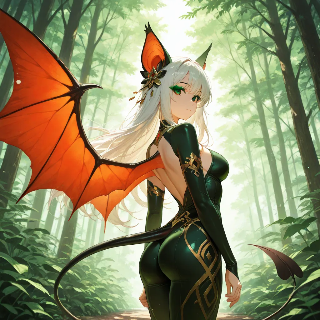 girl, Beauty,Red, animal ears, bat ears, bat girl, bat tail, bat Wings, eyeliner, furry, furry female, green eyes, makeup, tail, white hair, Wings, eyeshadow,