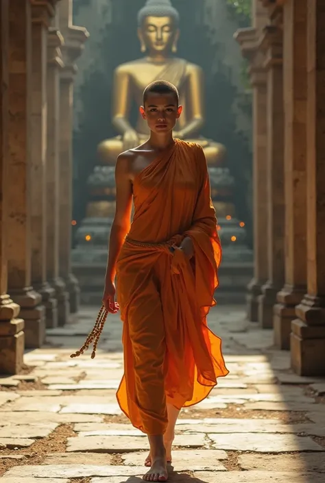 A strikingly seductive female Buddhist monk walks barefoot along an ancient temple pathway, her presence both mystical and undeniably alluring. She wears a modified saffron-orange robe, but instead of a traditional wrap, it is styled to drape loosely, expo...