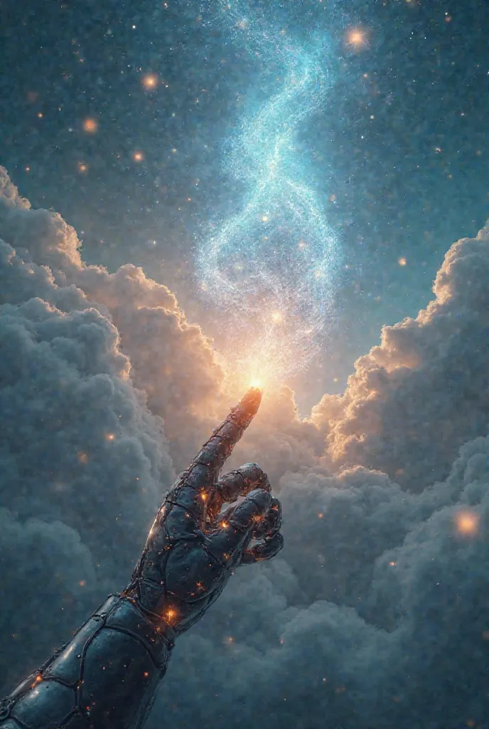 

"A divine hand made of light emerges from the clouds, reaching out to touch the metallic fingertip of a futuristic AI robot. As their fingers almost connect, a burst of cosmic energy and musical waves ripple through the sky. The background is filled with...