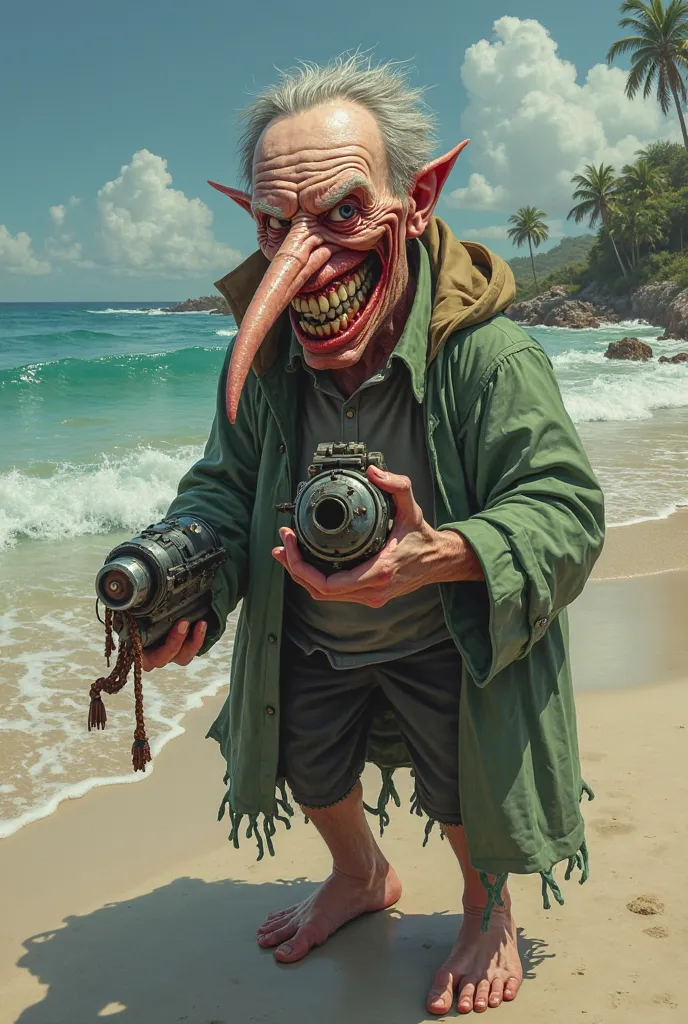 A long-nosed psycho, with a long angry smile, and a bomb in the hands of,  is on the beach