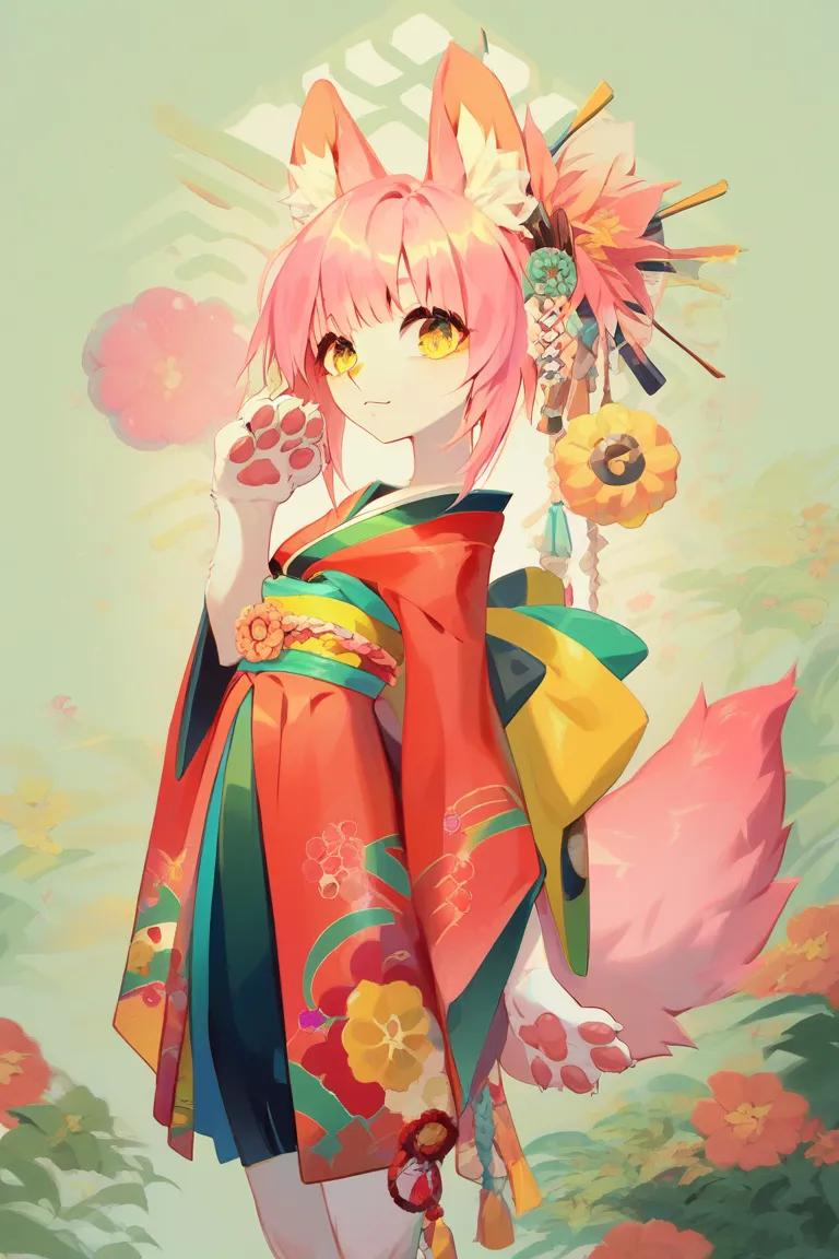 Девушка 2d,  Anime style, big fench ears and tail,  white body, yellow cunning eyes, pale pink hair with bangs ,  cute face, thin waist, on the palms with paw-like pads, in a red kimano 