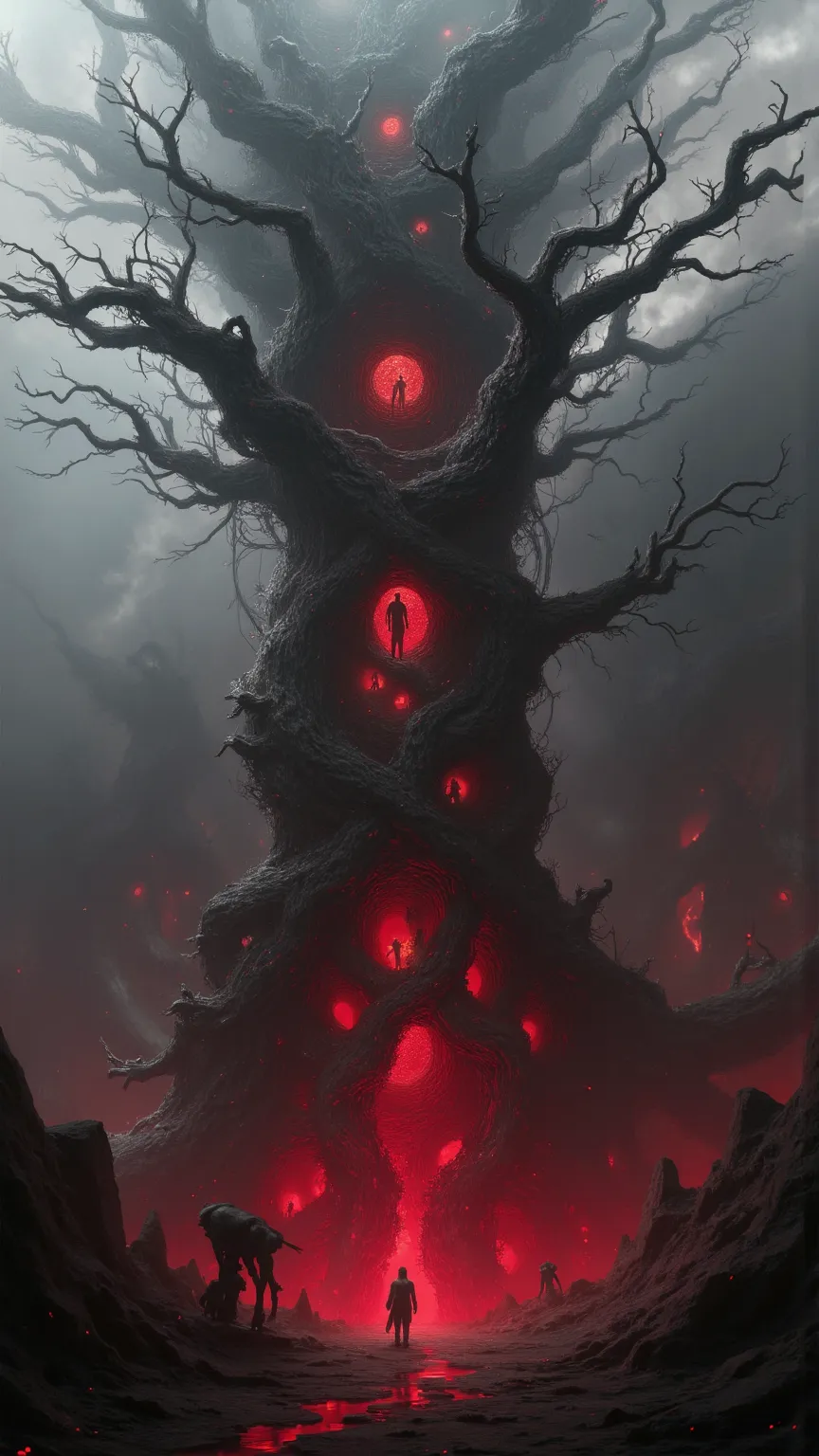 towering against a foggy fantastic background、huge red complex organic tree structure。countless branches and roots intertwine、spread out like caves and passageways、with small figures and creepy creatures active inside。bright light shines in the center、Wher...