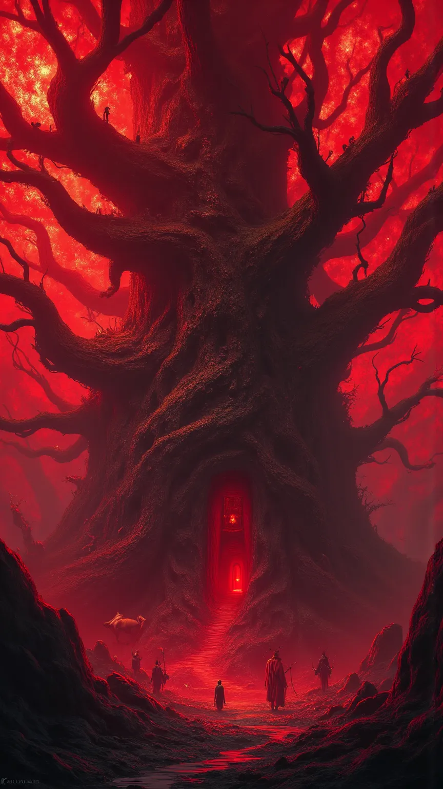 towering against a foggy fantastic background、huge red complex organic tree structure。countless branches and roots intertwine、spread out like caves and passageways、with small figures and creepy creatures active inside。bright light shines in the center、Wher...