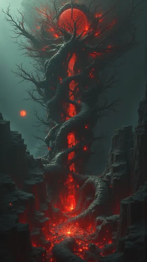 towering against a foggy fantastic background、huge red complex organic tree structure。countless branches and roots intertwine、spread out like caves and passageways、with small figures and creepy creatures active inside。bright light shines in the center、Wher...