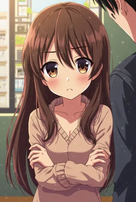 Brown silky straight haired girl named Akari who is cute crossed her arms looking mad at the boy named kazuma who has black hair who is looking annoyed at her and in the background there is a 3floored apartment and background is colorfull