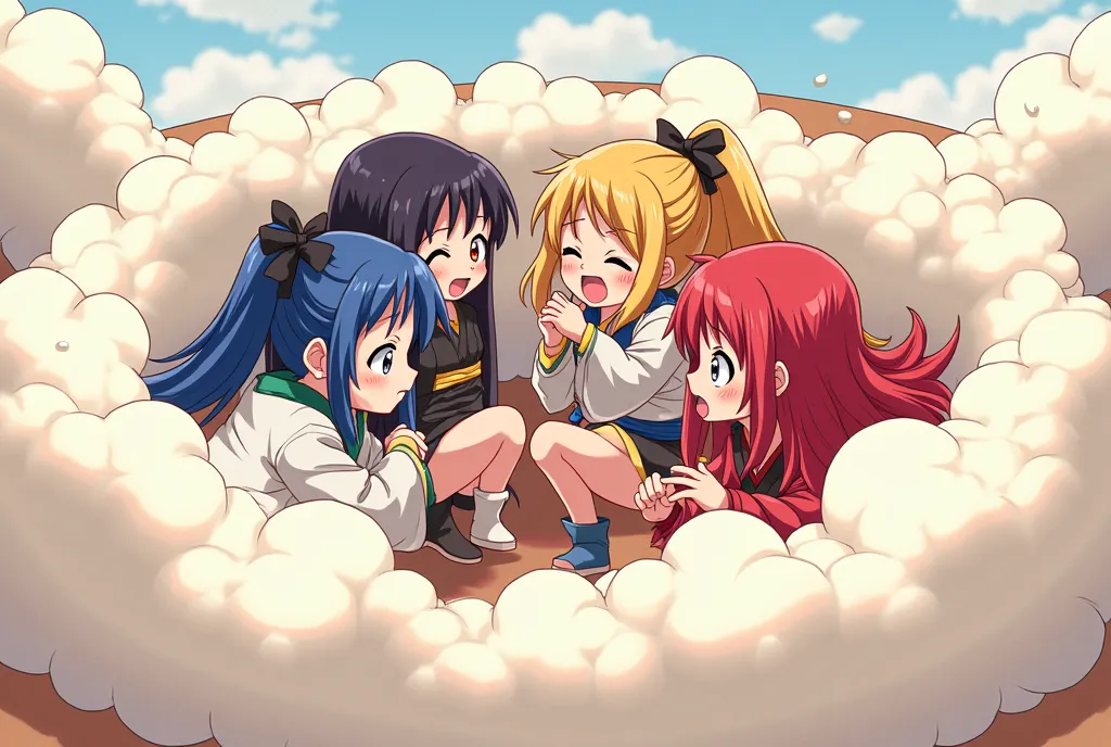 An anime-style illustration depicting many ninja-girls playfully wrestling with each other inside a comical fight cloud.
each ninja-girl has different colored hair.
their faces,hands,and feet are visible emerging from the cloud as they tussle humorously,  ...