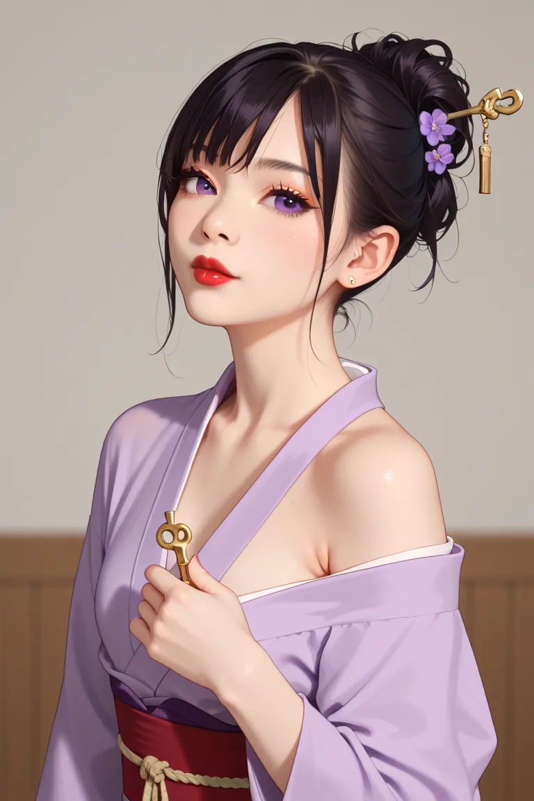 middle body shot, sexy asian woman, (asian face), pale skin, hair tied back with knitting needles, bare shoulder, skinny, small breasts, slim body, red lips, black hair, bangs on the face, big purple eyes, short kimano with legs cutout, dark brown curly ha...