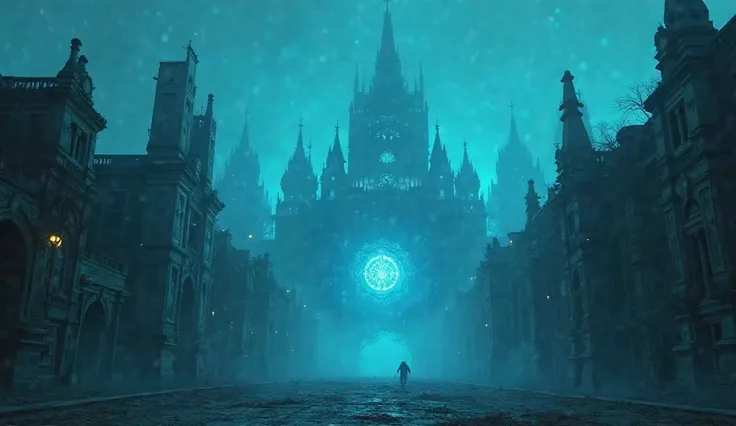 The Invisible City
"A mysterious ancient city, shrouded in mist, grand yet deserted buildings, glowing with magical blue light, ancient symbols floating in the air, eerie and mystical atmosphere in the streets."