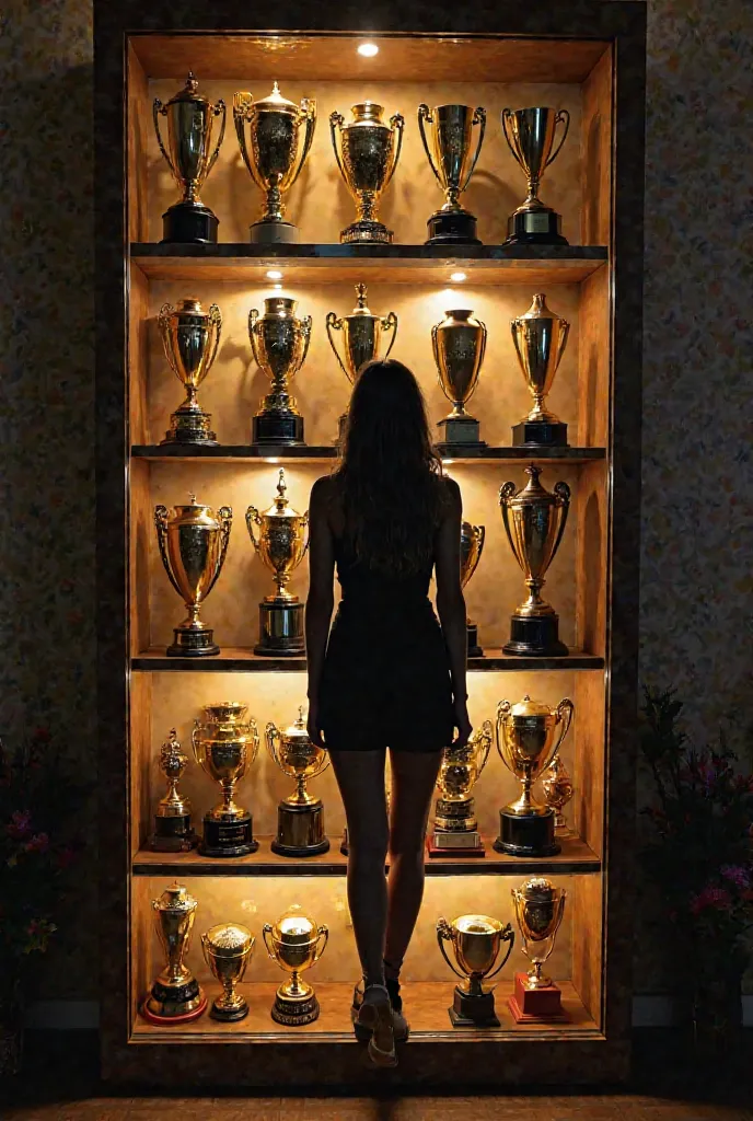 un estante de Trophies de futbol de un hombre donde se pueda ver muchos balones de oro, Oscars, grammys, Trophies, medals and replace a single trophy with the silhouette of a real woman