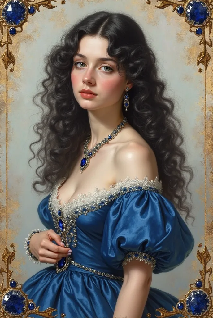 An antique-style oil on canvas painting for the cover of a book, depicting a beautiful young duchess from the 19th century. She has fair, porcelain-like skin and deep, captivating blue eyes that gaze softly to the side, as if lost in thought or observing s...