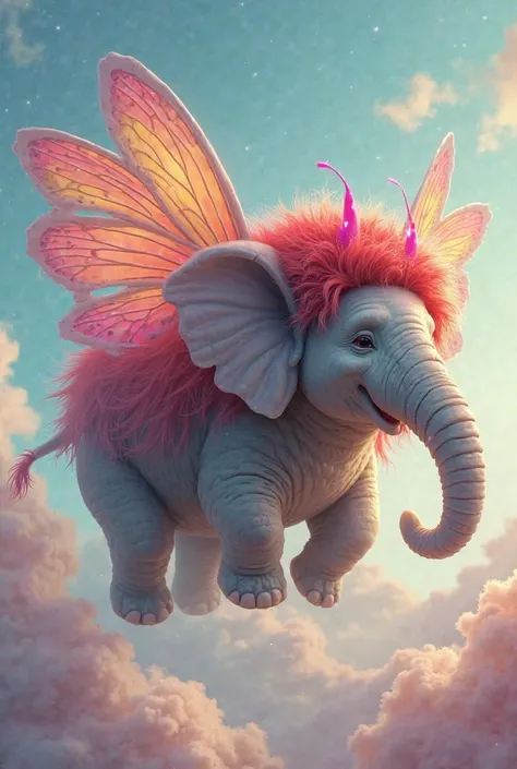 A fat elephant with long red hair flying with butterfly wings and pink antennae