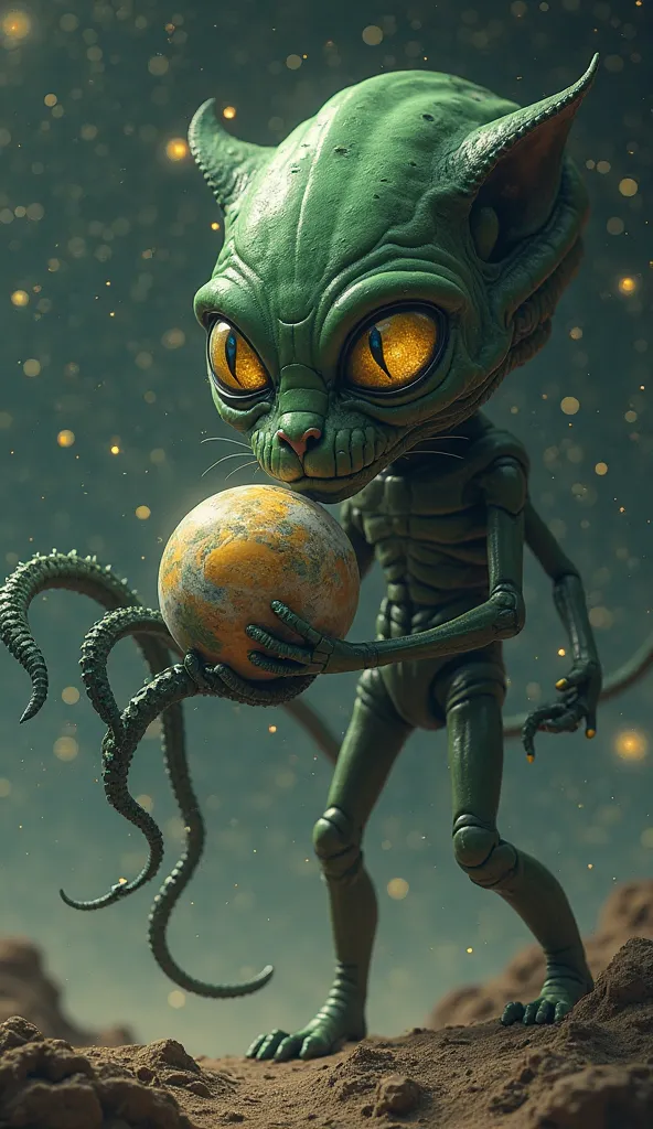 very aesthetic, hyper realistic, surrealism, a giant alien, green skin, gigantic size, it has the head of a cat, body of octopus, 8 tentacles legs, the cat alien is grabbing a dying planet, the alien is eating planet, striking yellow eyes looking at viewer...