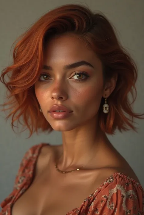 Create an ultra realistic portrait of a 20 year old woman Brazilian ethnicity with a medium brown skin tone. She should have medium lips, chubby face, pear body shape, and curvy short red colored hair, clothes and rings. The image must have high resolution...