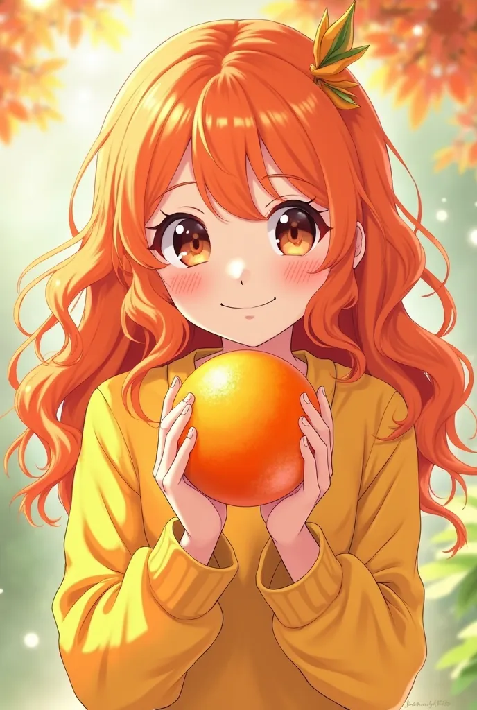 A 16 anime girl holding a orange with yellow and orange clothes 