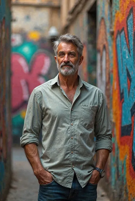 Picture of a man dressed in a shirt...mature sawdust..graffiti writing background..