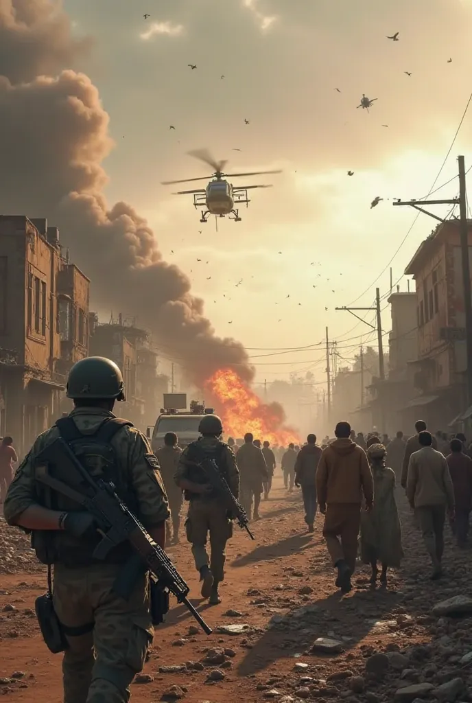 image creation:

" A war-torn city , with destroyed buildings and smoke rising to the sky. Heavily armed soldiers advance through the ruined streets, while civilians flee desperately carrying few belongings. In the background, military vehicles and explosi...