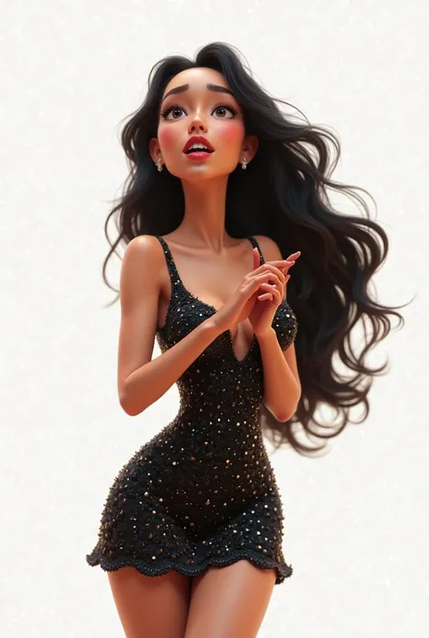 Create an image of a Pixar-style woman singing, wearing a short black glitter dress,  white skin, long and smooth black hair ,.with white background, full body 