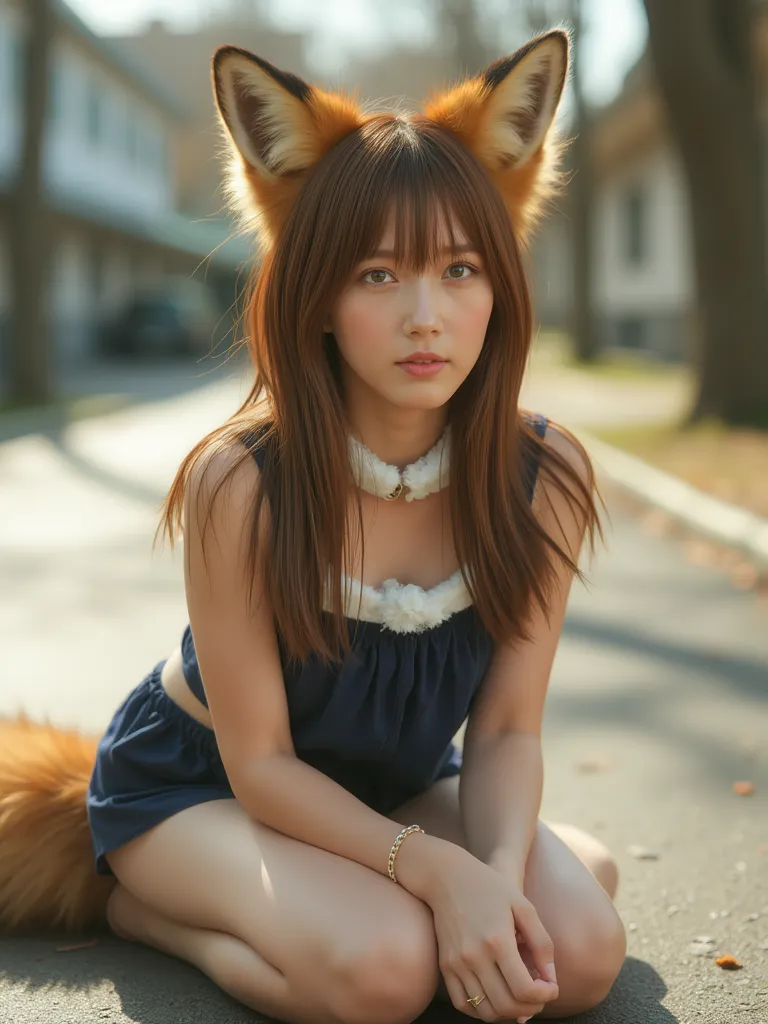 (( top quality , 8k)), ((Girl with straight brown hair)), (( Photorealistic)), ( masterpiece), perfect face , ((Woman with fox ears )), ((That woman has a fox tail )), foxgirl, (Her tail is big  ), ( That beautiful woman is shy), She's a college student  ,...