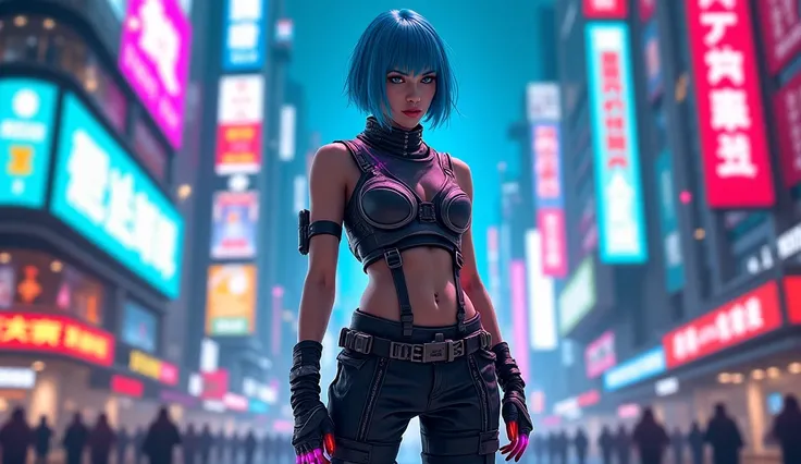 Create a striking image of a cyberpunk girl standing confidently in a neon-lit urban environment. She is a Caucasian woman with vibrant blue hair styled in a sleek, futuristic bob. Her outfit features a high-tech, armored vest made of reflective materials,...