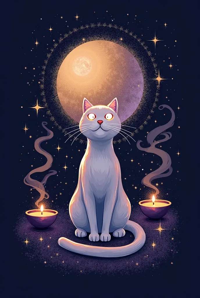 1. ** Key Elements**:
   - **a cat**:  In the center of the image , a cat stylized,  with glowing eyes (As se refletissem as estrelas). It may be seated in an elegant pose, with the whiskers highlighted.
   - **lua, sun and stars**: Burning incense burners...