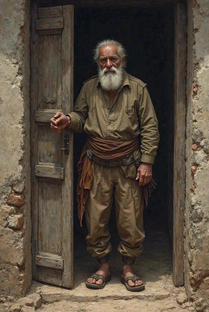 An old man in rugged clothes standing next to a door