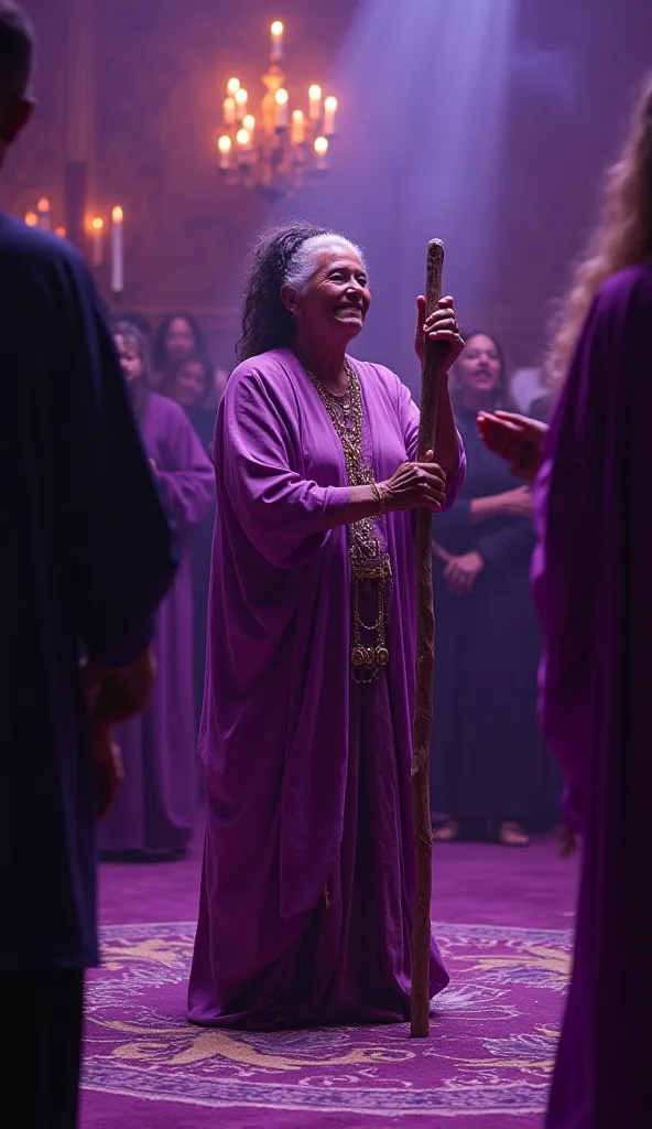 A religious ceremony where an elderly woman with dark skin, wearing clothes in shades of lilac and purple, holding an ibiri is in the center, surrounded by participants dancing and singing. Purple candles illuminate the room, and mystical symbols are drawn...