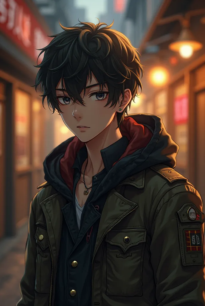 Anime adult boy who is wearing Men's Vintage-Inspired Military-Style Hooded Jacket, Beautiful Light in street surrounding him in background