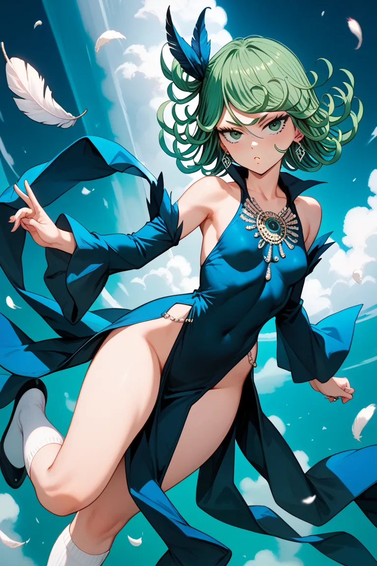 Punch Man's Tatsumaki ，  Pavolia Queen , sexy , upbeat student seen directly from above , long hair, side ponytail, Feather ornament, blue dress, navel removal , remove sleeves, earrings, White socks that go up to the thigh,masterpiece,Highest quality,Exce...