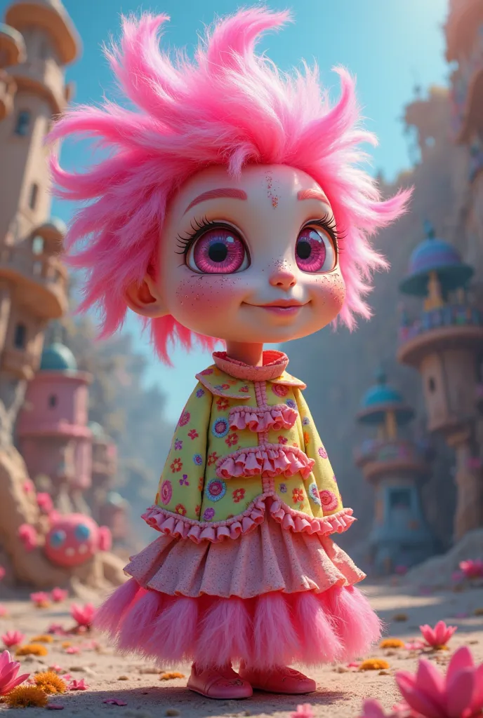 Hilariously new character about empathy,  , with pink hair, pink eyes and dress 