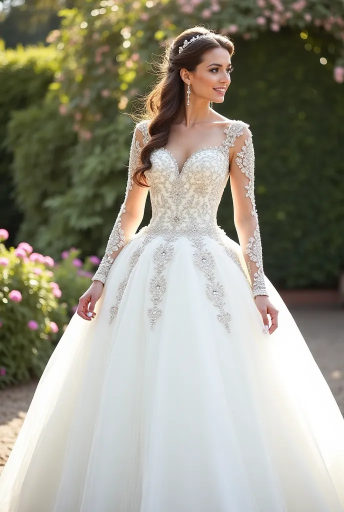 hatGPT

You said:
Design a wedding dress with long intricate lacwork and beaded sleeves , the bodies is heart shaped with heavily glittery , sparkling and shimmering beads , The ball gown is made of tull which controbutes to its voluminous and it has black...