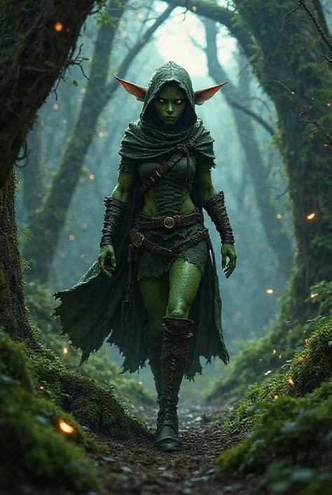 Goblin, Kobold, woman,  green skin,  leather armor, scar over eye, hooded, cloak, Forest, Night