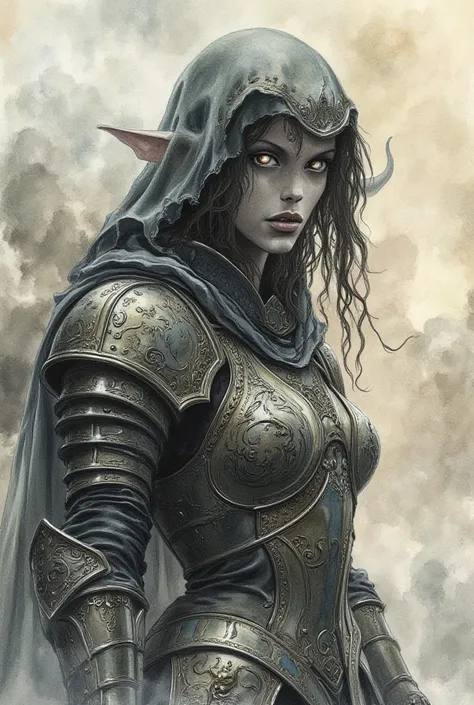 A surreal, distorted watercolor painting of a female elf warrior with dark fantasy and gothic aesthetics. Her ethereal form shimmers, blending into a misty background. Her armor is detailed with swirling, ancient engravings, appearing fractured and warped ...