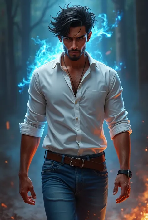 "Create a highly detailed and dynamic digital painting of a young, under-25, handsome, and fit male from West Odisha (Kalahandi, Bhawanipatna). He is an intense and fearless evil slayer, exuding a powerful aura. He wears a modern version of a traditional o...