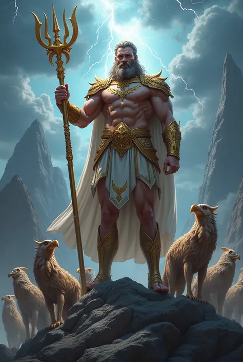 A mighty Greek god standing on a mountaintop, surrounded by thunderclouds and lightning bolts, holding a golden trident, with an army of mythical creatures at his feet.