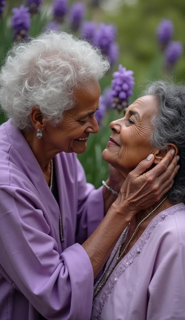 an elderly woman with dark skin, wearing clothes in shades of lilac and purple, healing a person, with their hands gently touching the forehead of a human being. around, there are purple and green flowers, symbolizing the renewal of health and spiritual st...