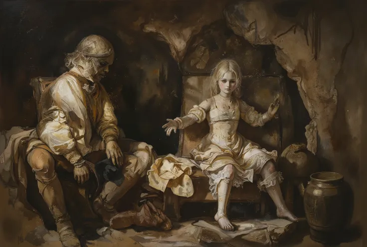 A striking illustration of a old porcelain doll in dark basement. The basement looks dusty and long forgotten. Picture emanates with eerie and grim atmosphere..