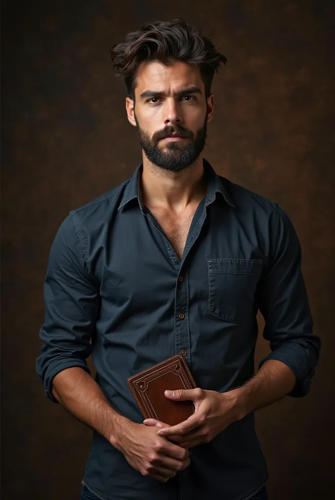 A rugged young man with a well-groomed beard and tousled dark hair, wearing a deep navy button-up shirt with rolled sleeves. He stands in a dimly lit studio with a dark brown background, holding a vintage-inspired leather wallet, slightly worn for a classi...