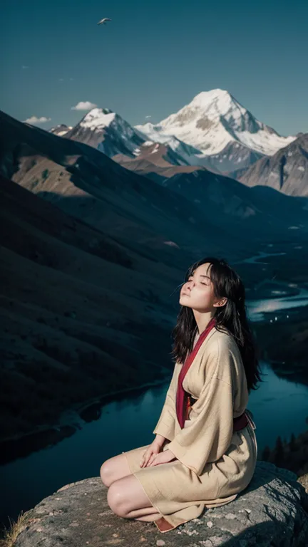 A lone individual, a young woman of East Asian descent with dark, flowing hair, stands on a craggy, windswept mountain peak, gazing down at a valley below.  Her pose is contemplative, slightly leaning forward with one hand resting lightly on a nearby rock,...