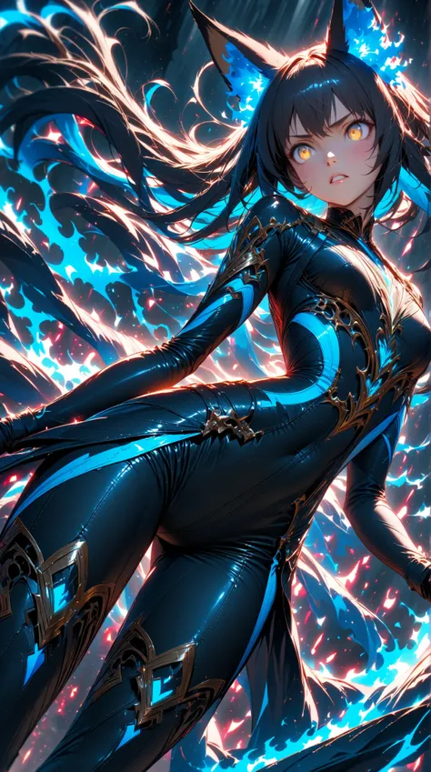 Dark-haired, young, androgynous anime girl with fox ears,  intense expression,  wearing a dark-blue,  leather-like,  form-fitting outfit with intricate golden details and embellishments,  short,  tight-fitting dark-blue leather-like pants,  and long gloves...