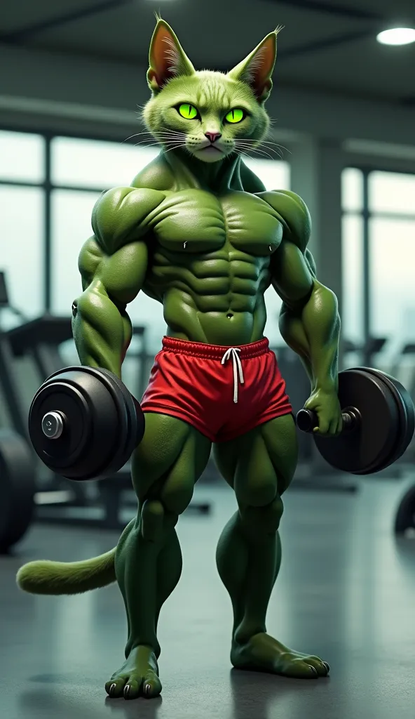 A muscular anthropomorphic green cat with a well-defined six-pack, standing confidently in a modern gym. The cat has sleek fur, glowing green eyes, and wears red athletic shorts with a white drawstring. It is lifting two black dumbbells, showcasing its imp...