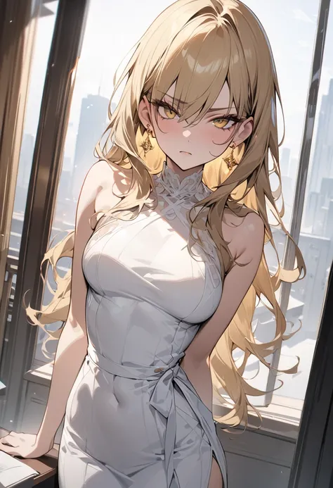 ((Greatest Masterpiece,Ultra High Quality:1.2)),(super resolution),(solo),cowboy shot,hotel,Slender woman standing by the window,beautiful faces, long golden hair,perfect golden eyes, staring at you , serious expression,High quality white dress , golden ea...