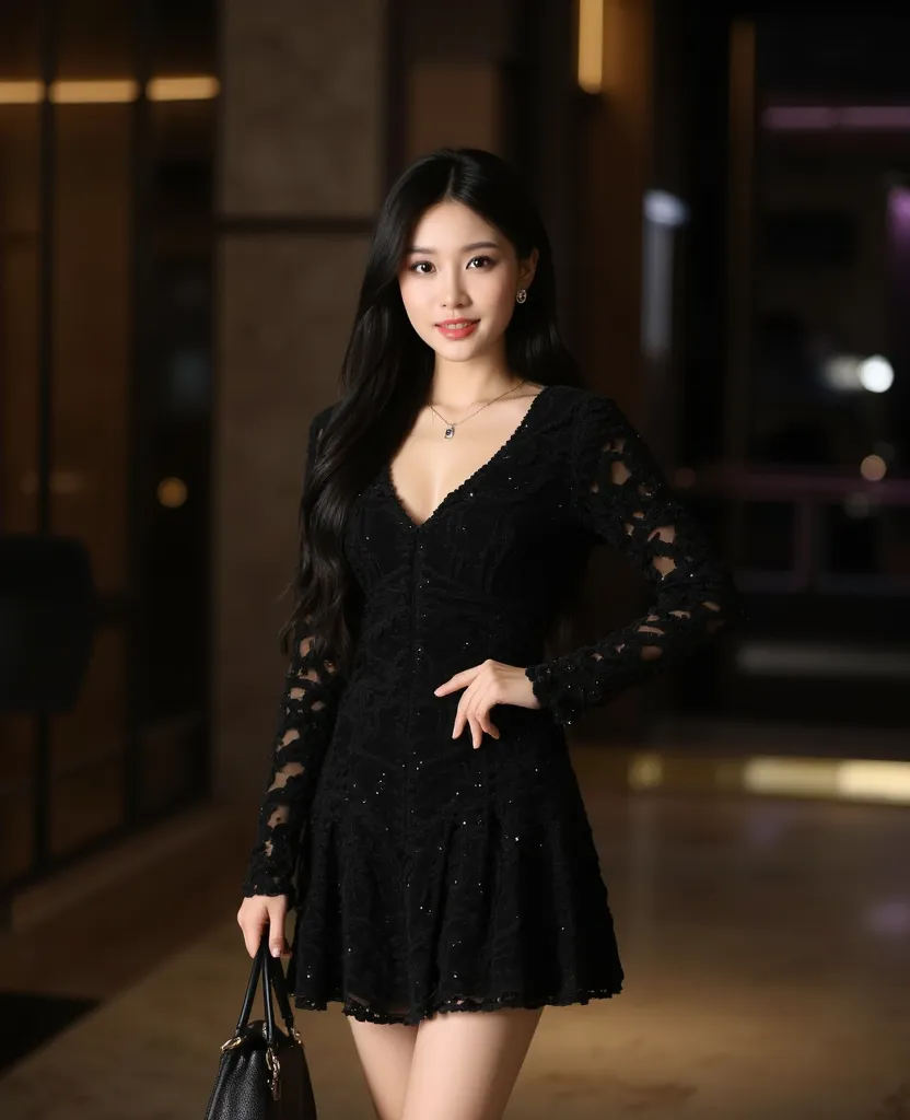 Generate a highly realistic AI influencer inspired by a stylish Malay woman from Malaysia. She is in her mid-to-late 20s, has long, sleek black hair, a warm yet confident expression, and a poised posture. Her fashion style is elegant and modern, wearing a ...