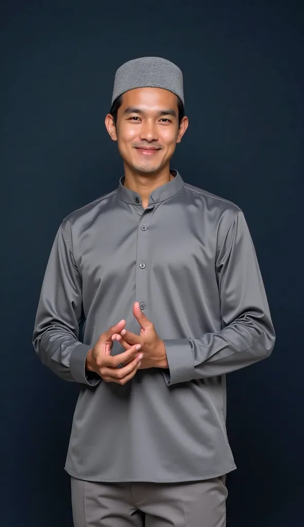 A handsome Indonesian man usia 27 tahun, wearing a GREY peci, and wearing a GREY Muslim koko shirt, GREY trousers, smiling sweetly, and both hands clapping while greeting, dark blue background that says "SALAM RAMADHAN", real photo hd