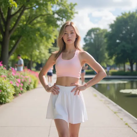 16k clear photo quality, High detail, complete shadows, photo-realistic, sharp focus, clear background, blurred background ,The eyes and face are very detailed. The beautiful, busty, bright and full of energy age girl is warming up before going for a run i...